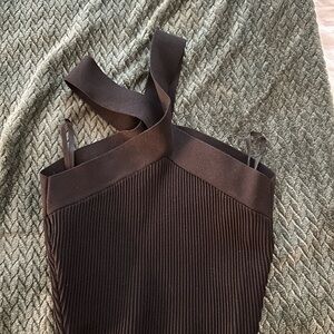Aritzia Brown Ribbed Bodycon Dress Halter Sleeveless